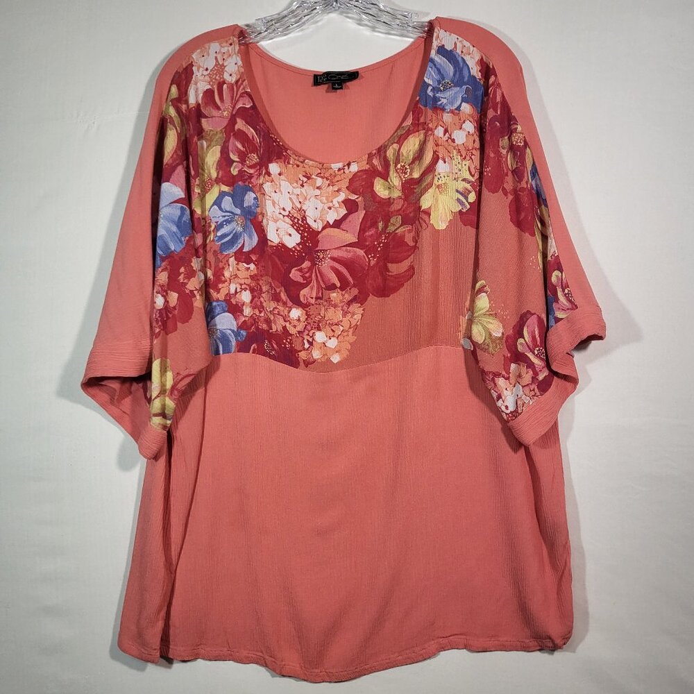 DG2 by Diane Gilman Woman's Mixed Media Dolman Sleeve Top Size Large CoralFloral